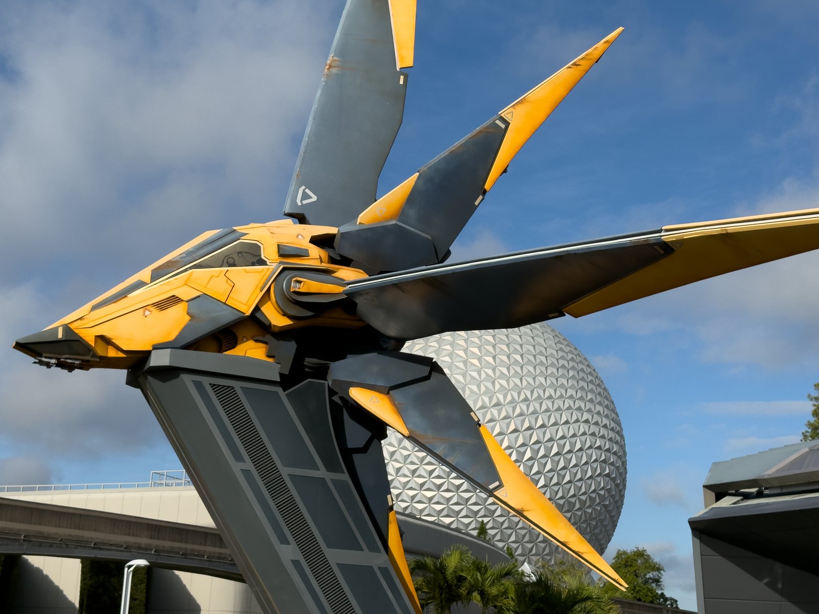 Close-up of a futuristic spacecraft at a theme park