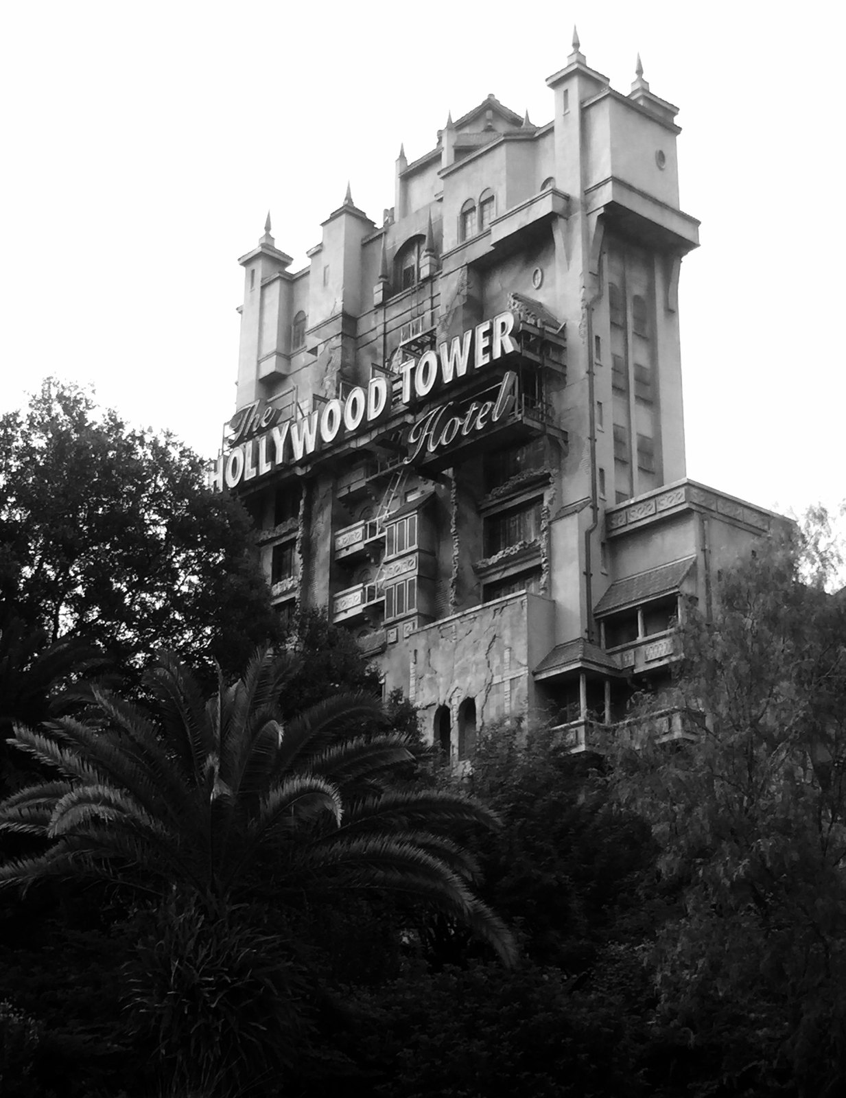 Black-and-white photograph of the Twilight Zone Tower of Terror at Disney’s Hollywood Studios